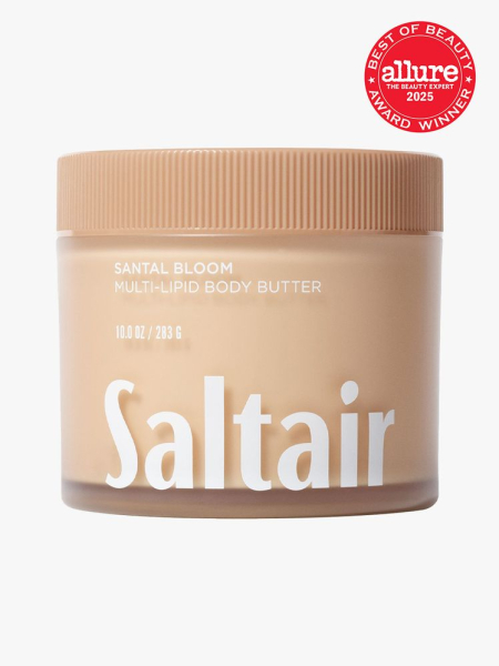Saltair Santal Bloom Multi-Lipid Body Butter in clear beige jar with twist cap on light gray background with red Allure Best of Beauty seal in the top right corner