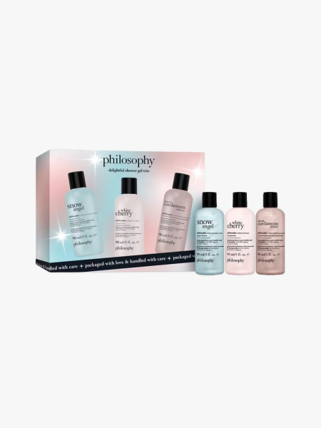 Philosophy Delightful Shower Gel Trio Gift Set in branded components on a light gray background