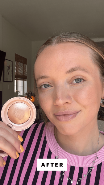 A selfie of Allure senior art director Ingrid Fowler after applying Rare Beauty Positive Light Silky Touch Highlighter...