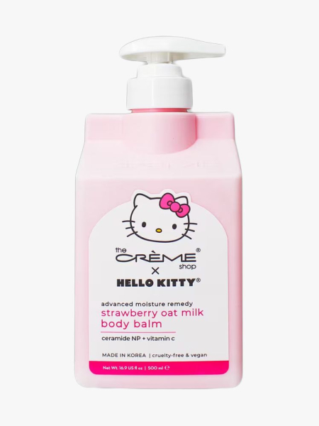 The Crème Shop Hello Kitty Strawberry Oat Milk Body Balm in branded component on a light gray background